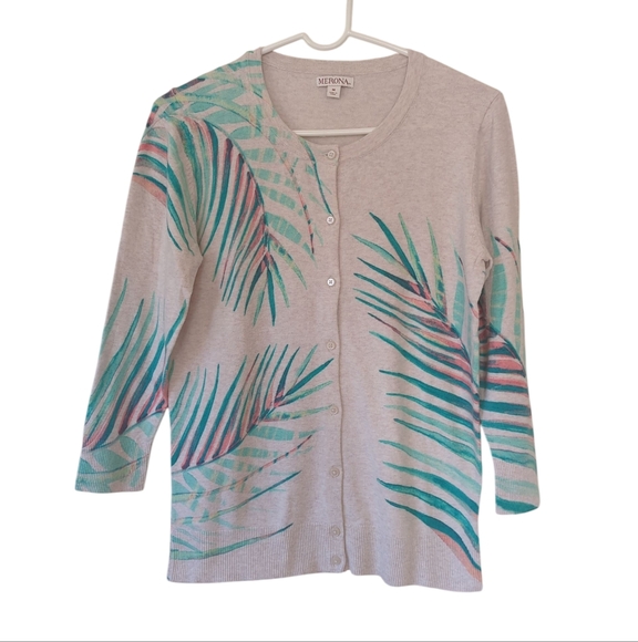 Merona Tropical Palm Leaf Print Heathered Button Up Cardigan Sweater MEDIUM Tan - Picture 11 of 15